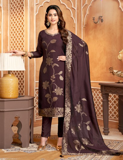 Deep wine silk salwar suit highlighted with zari detailing