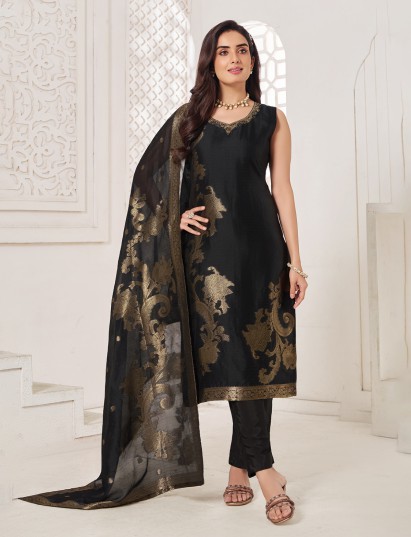 Classic black silk salwar suit with subtle zari accents