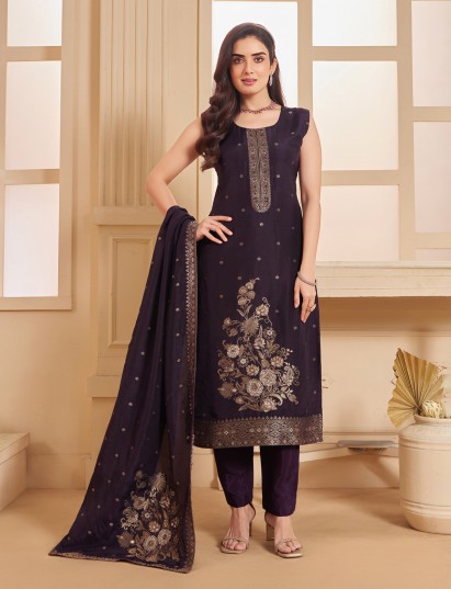 Dark purple silk salwar suit featuring elegant zari embellishments