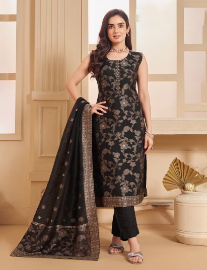 Black silk salwar suit highlighted with traditional zari embroidery