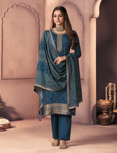 Rama blue silk festive wear kurti set wth dupatta