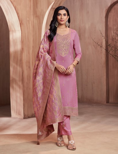 Elegant light pink silk festive kurti pant set with dupatta