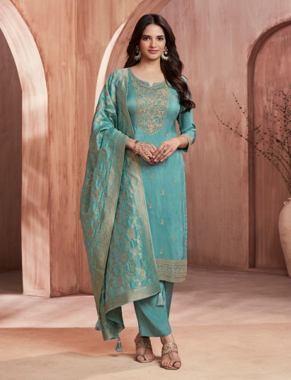 Festive aqua blue silk kurti pant set with dupatta