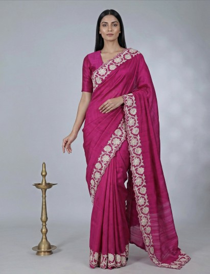 Magenta issue silk saree with cutwork border