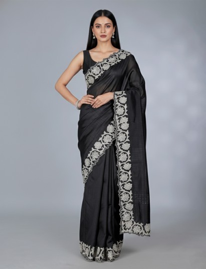 Black tissue silk saree with embroidery