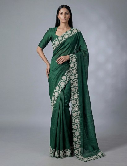 Green embrodered tissue silk saree