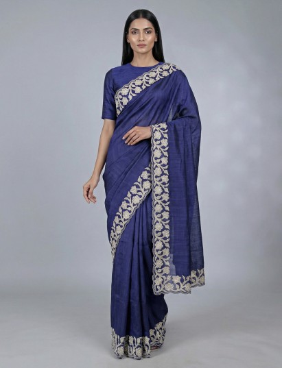 Navy festive wear saree in semi tissue silk