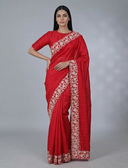 Red festive wear semi tissue silk saree