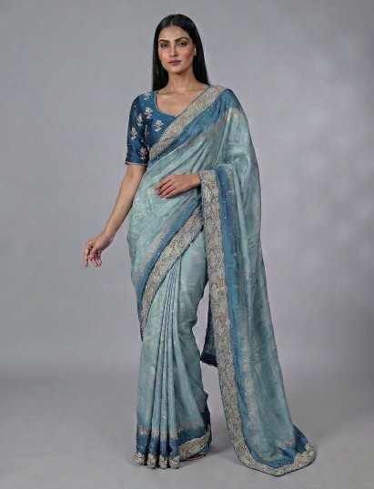 Blue shaded festive wear saree in chiniya silk