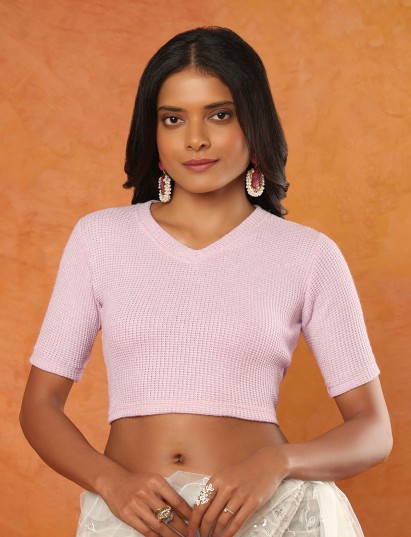Pink knitted V-neck half sleeve readymade blouse