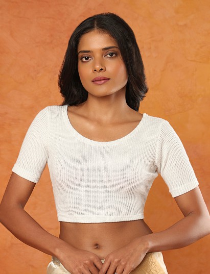 Off white knitted round neck half sleeve readymade blouse