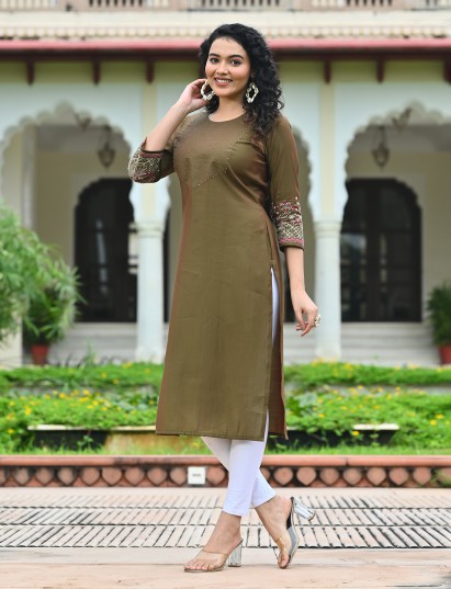 Olive cotton silk threadwork embroidered sequins kurti