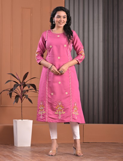 Pink cotton silk aabla embroidered threadwork kurti