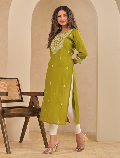 Mehndi green cotton silk sequins embroidered kurti