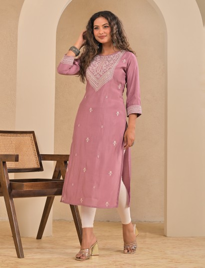 Onion pink cotton silk sequins embroidered kurti