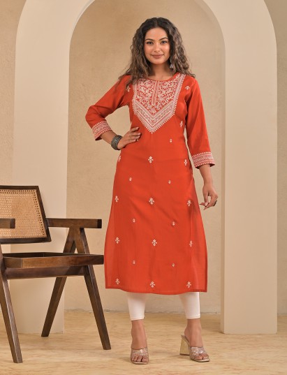 Rust orange cotton silk sequins embroidered kurti