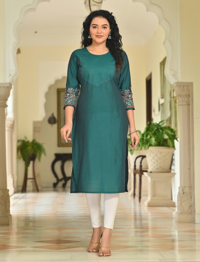 Bottle green cotton silk embroidered sequins and beads kurti