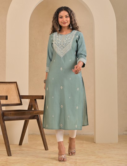 Mint blue cotton silk sequins embroidered kurti