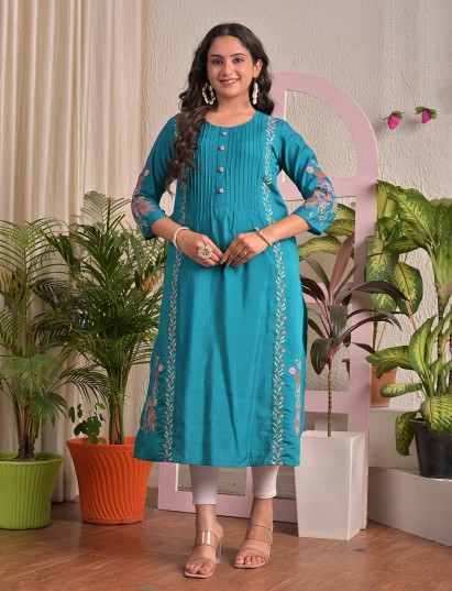 Blue silk embroidered casual kurti