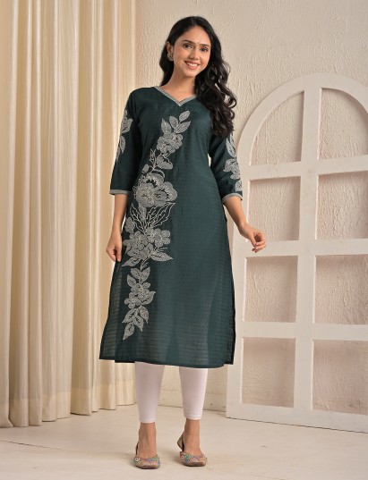 Green viscose rayon embroidered beads and sequins kurti