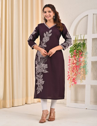 Dark purple viscose rayon embroidered sequins kurti