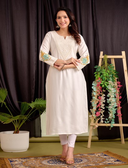 White cotton silk embroidered sequins and thread kurti