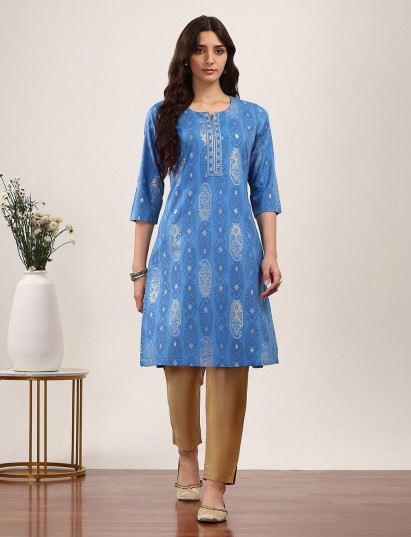 Blue cotton silk digital printed casual kurti