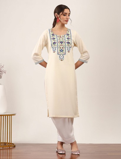 White viscose rayon embroidered casual kurti