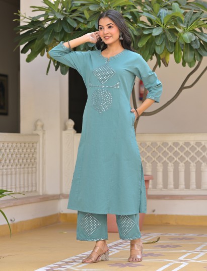 Blue cotton aabla work ethnic kurti set