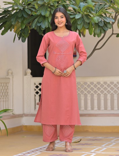 Peach cotton mirror embroidered kurti palazzo set
