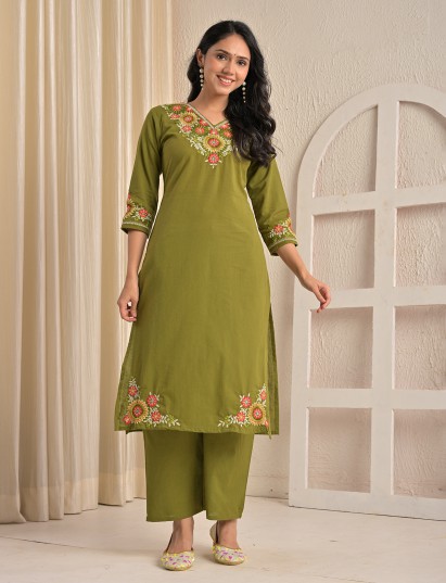 Mehndi green cotton silk festive kurti set