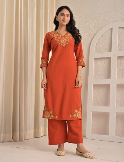 Rust cotton silk traditional kurti palazzo set