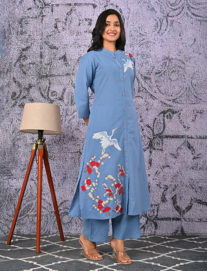Sky blue cotton silk elegant kurti set