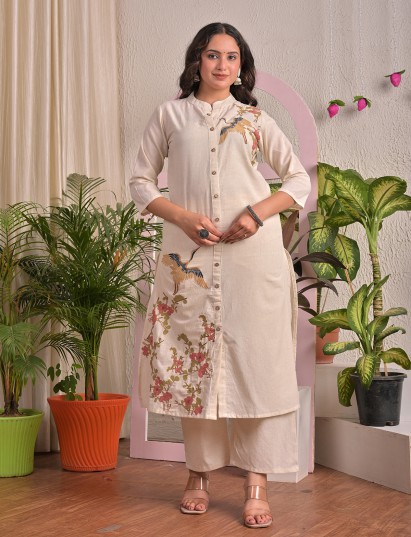Beige cotton silk embroidered ethnic kurti set