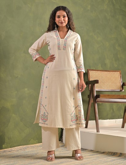 Cream cotton digital embroidery festive kurti set