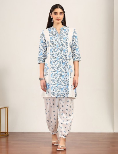 White cotton silk floral printed festive kurti set