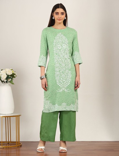 Green cotton silk floral beads embroidered kurti set