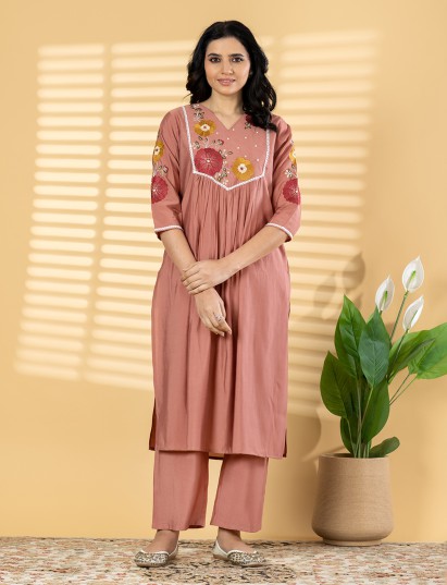 Peach cotton silk festive designer kurti set