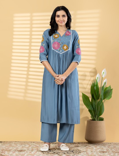 Stone blue cotton silk occasion wear kurti set