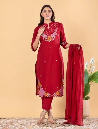 Red cotton silk straight cut festive suit set