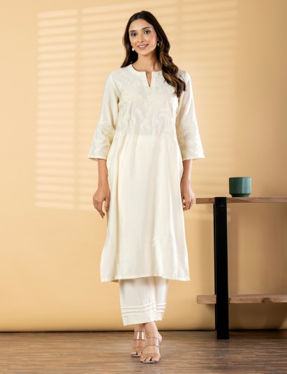 White cotton silk yoke design celebration set