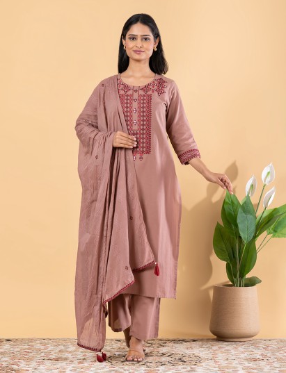 Light brown cotton silk embroidered kurti set with dupatta