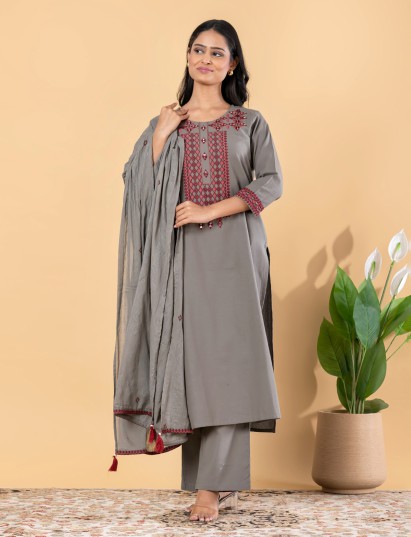 Grey cotton silk embroidered festive kurti set