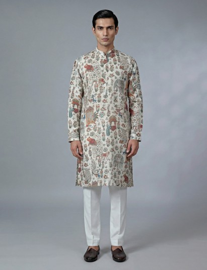 Off white printed cotton kurta suit for men festive wear