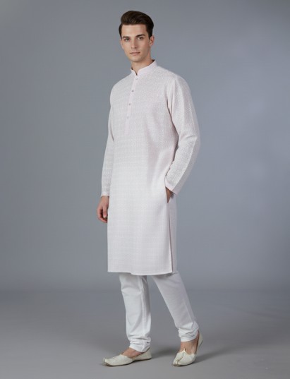 Light pink cotton kurta suit with delicate thread embroidery