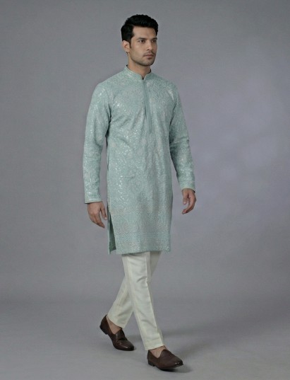 Sky blue cotton silk kurta suit with thread and sequins