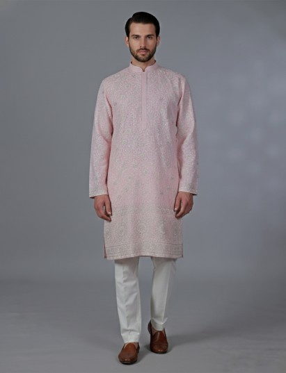 Light pink cotton silk kurta suit with resham and sequins work