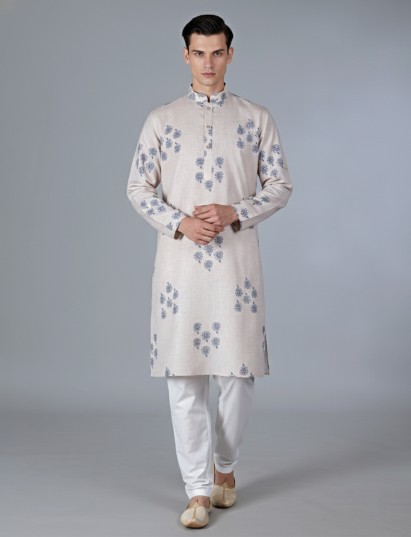 Beige printed cotton kurta suit with chinese collar