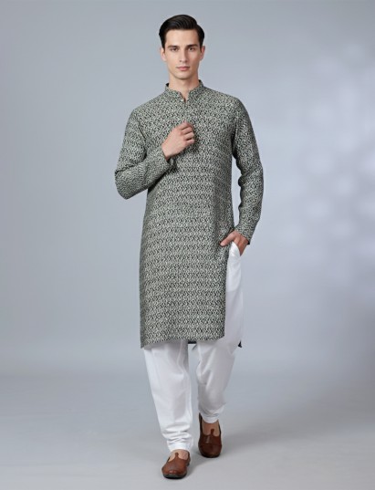 Green printed cotton kurta suit with classic chinese collar