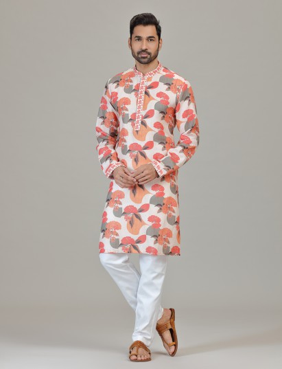 Off white floral printed ethnic kurta pajama for men